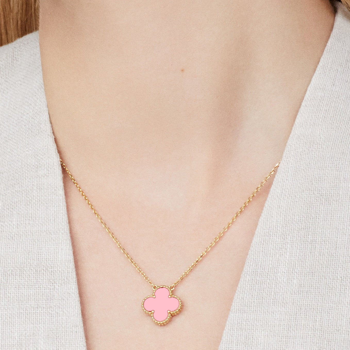 ROSHWE LONDON Pink Clover Necklace Earrings Set 925 Silver 18k Gold Plated