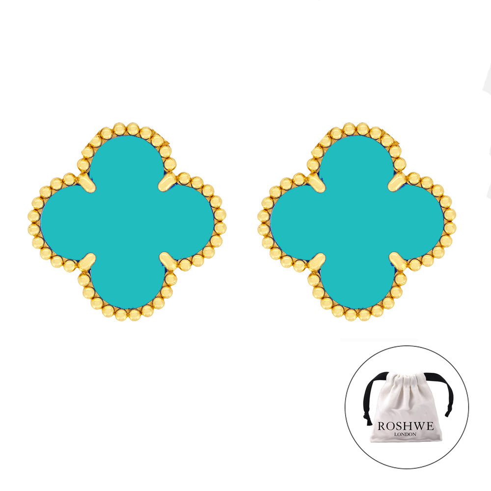 ROSHWE LONDON Turquoise Green Clover Necklace Earrings Bracelet Set 925 Silver 18k Gold Plated