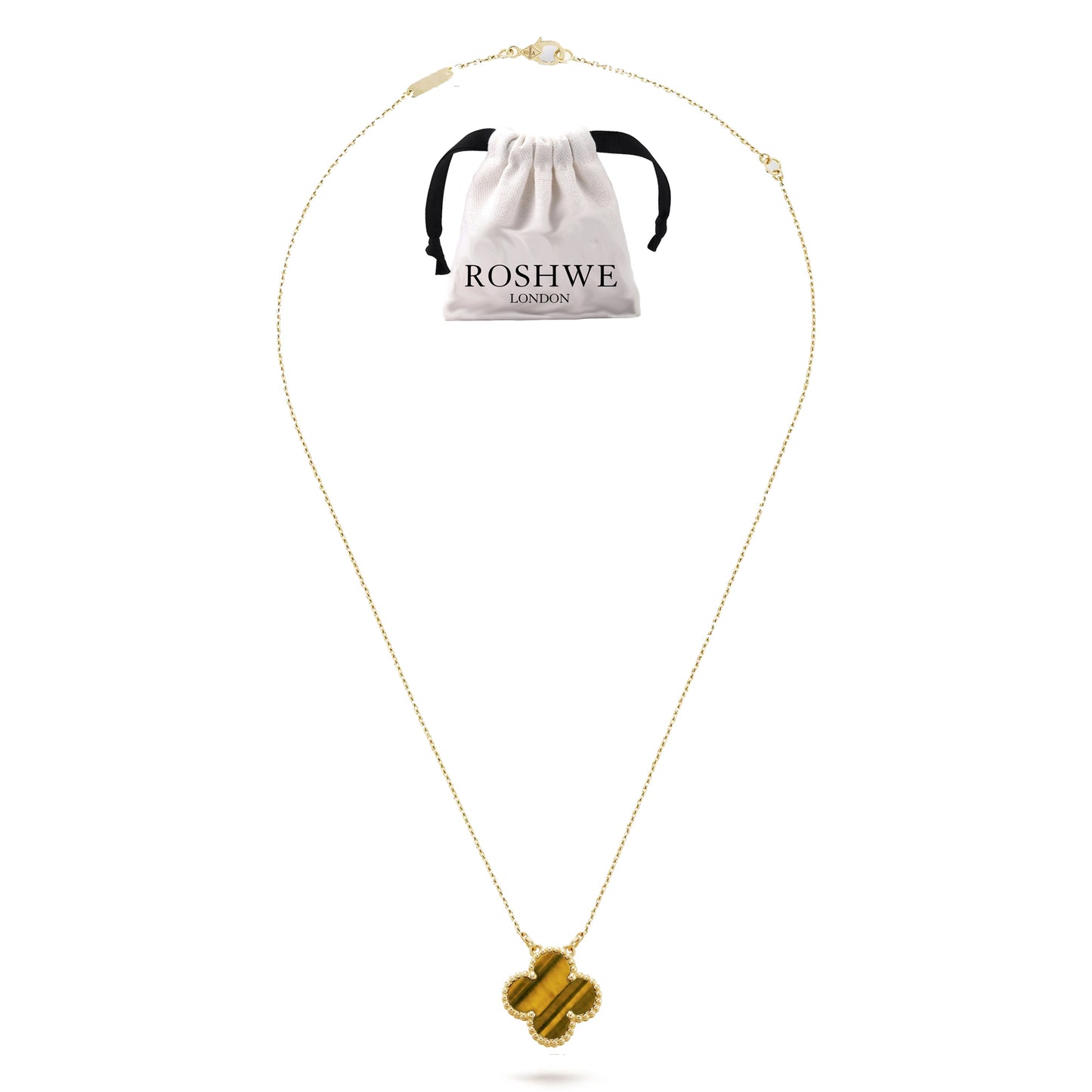 ROSHWE LONDON Tiger Eye Clover Necklace 925 Silver 18k Gold Plated