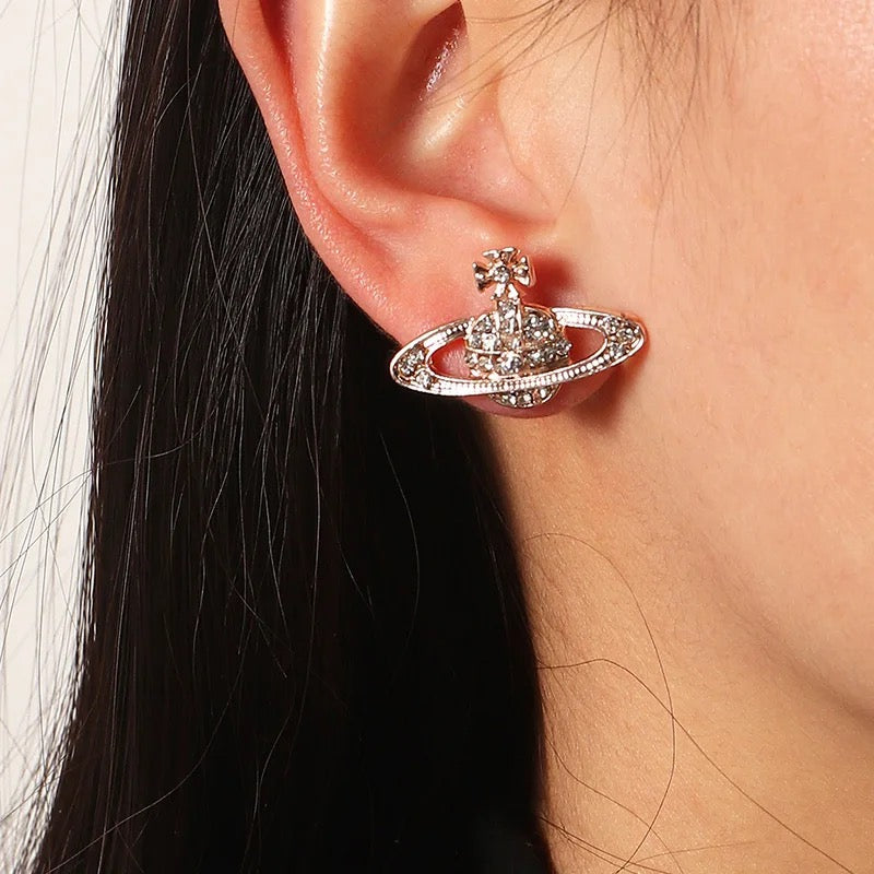 Saturn Planet Orb Stainless Necklace Stud Earrings Set Crystal Rhinestone