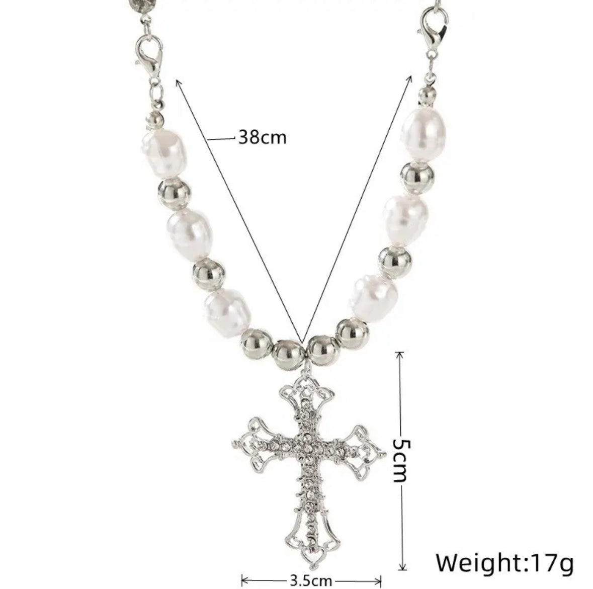 Pearl Cross Pendant Stainless Steel Beaded Choker Necklace