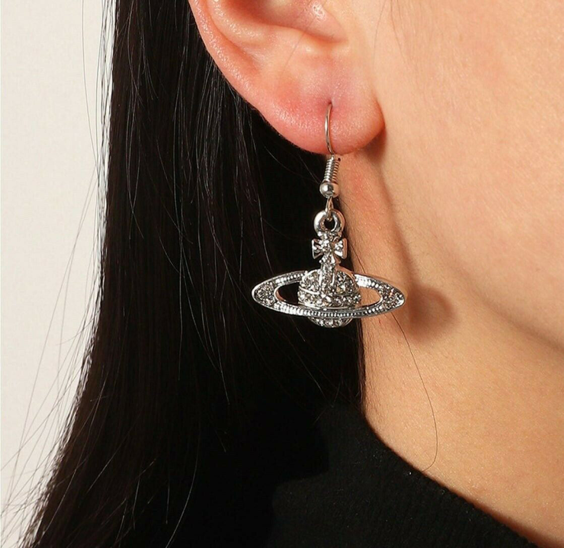 Saturn Planet Orb Stainless Necklace Hook Earrings Set Crystal Rhinestone