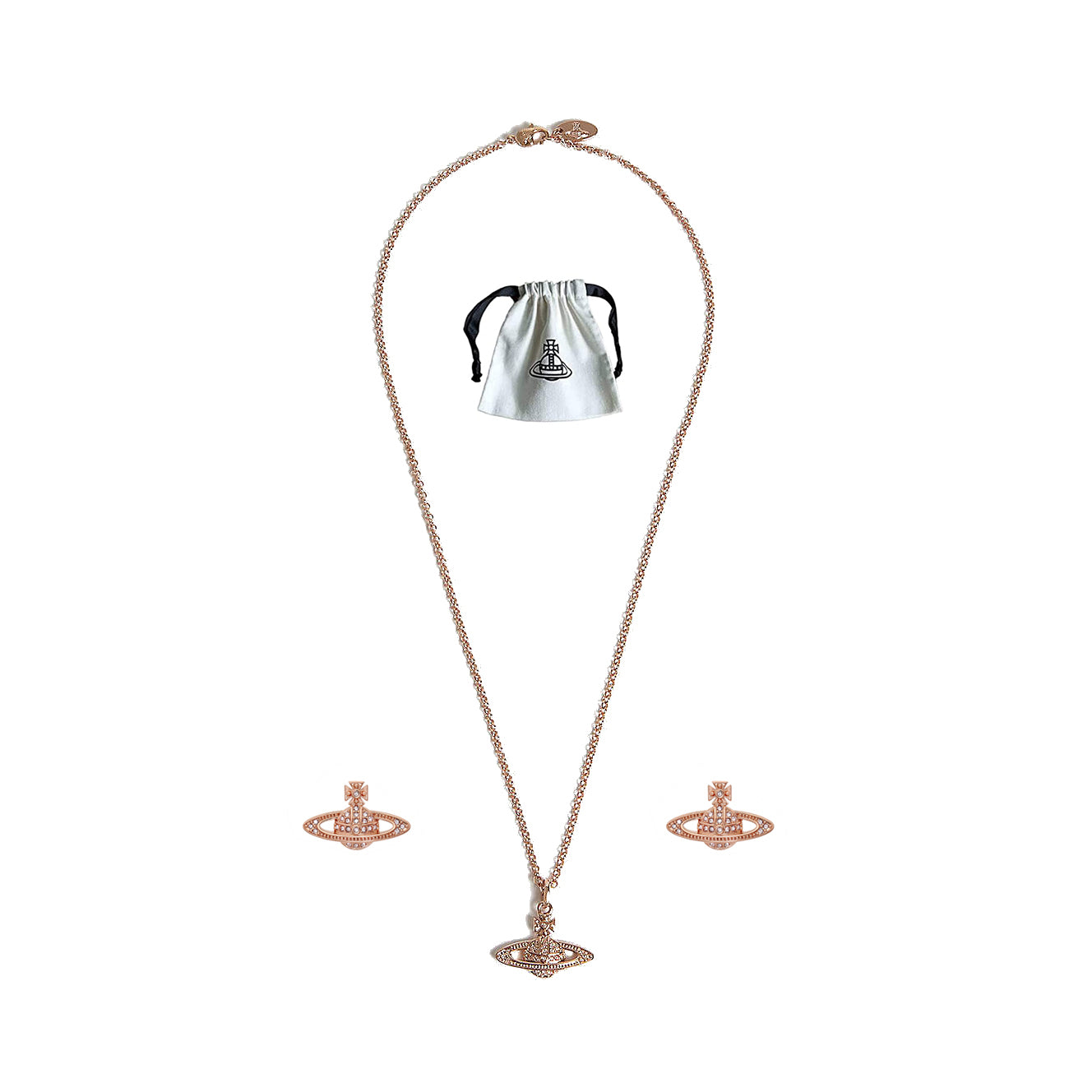 Vivienne Westwood Saturn Planet Orb Stainless Necklace Stud Earrings Set Crystal Rhinestone Silver Gold Rose Gold Colours ROSHWE LONDON