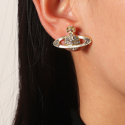 Saturn Planet Orb Pearl Crystal Rhinestone Necklace Earrings Set