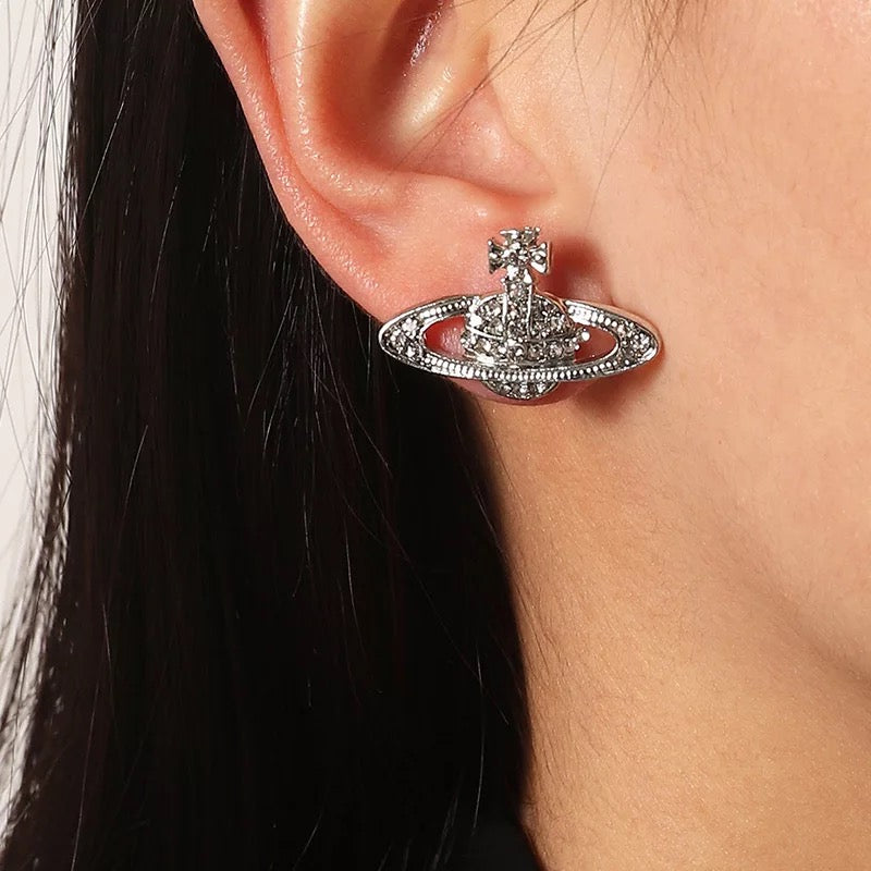 Saturn Planet Orb Stainless Necklace Stud Earrings Set Crystal Rhinestone