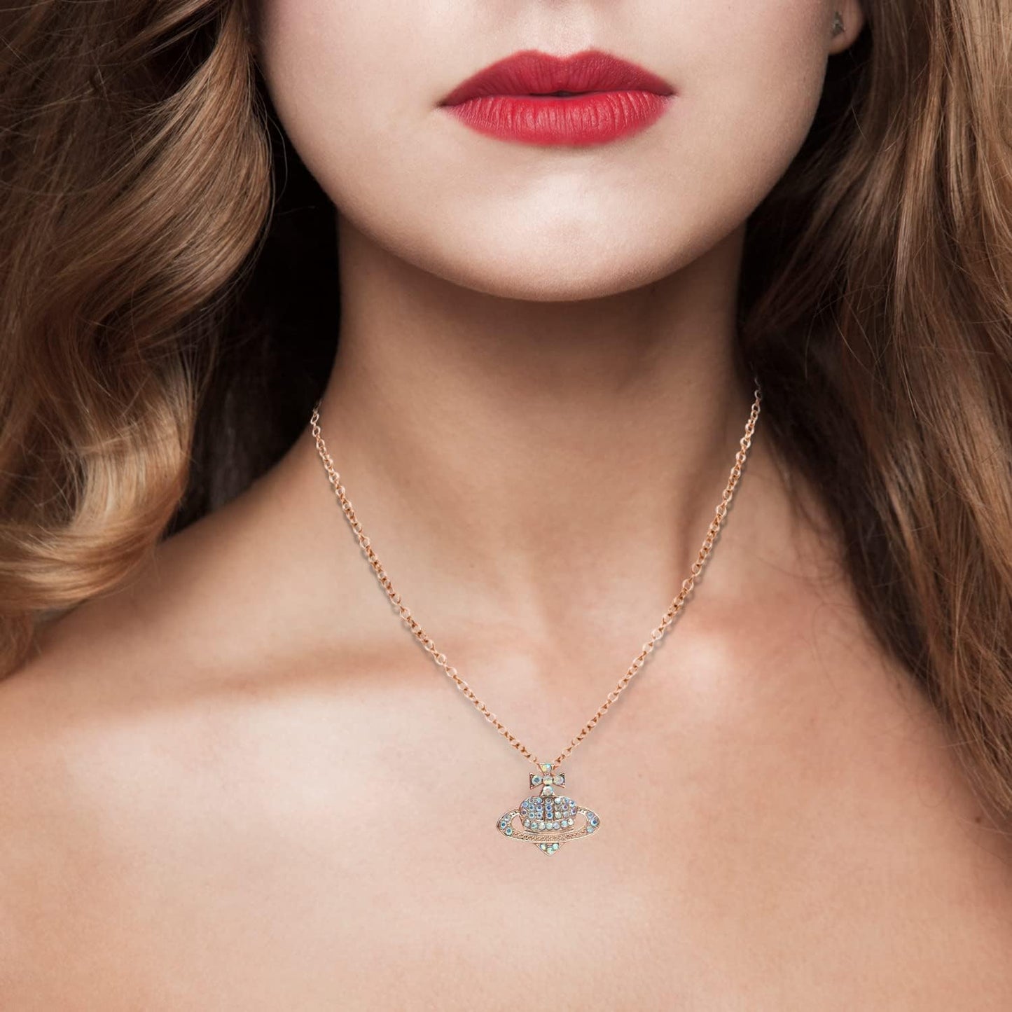 Planet Saturn Heart Crystal Orb Necklace Chain Jewellery Pendant Earrings Set