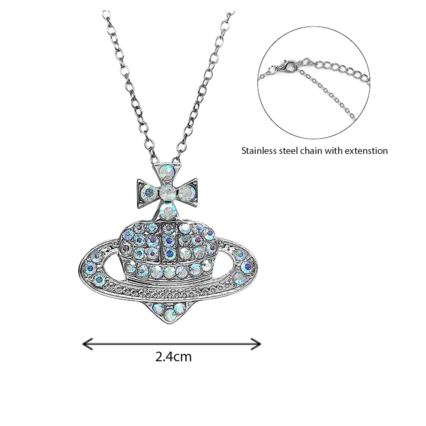 Planet Saturn Heart Crystal Orb Necklace Chain Jewellery Pendant Earrings Set