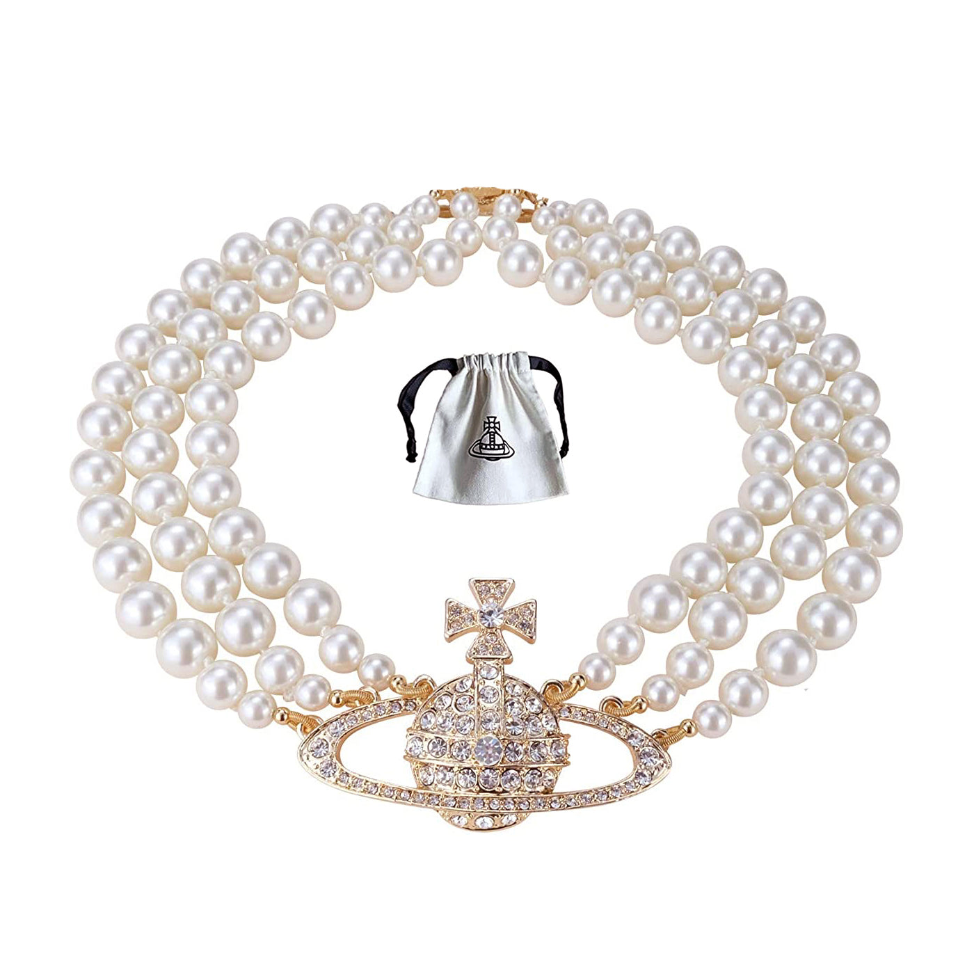 Three Layer Triple Row Orb Pearl Choker Necklace