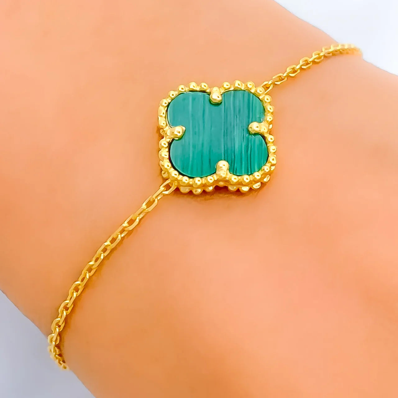 ROSHWE LONDON Green Single Clover Four Leaf Bracelet 925 Silver 18k Gold Plated