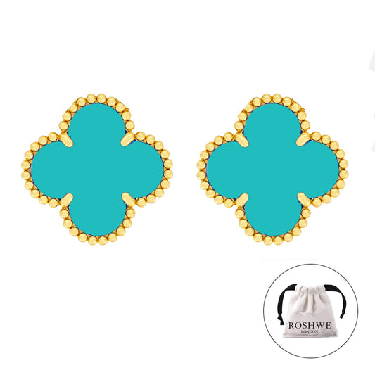 ROSHWE LONDON Turquoise Green Clover Stud Earrings 925 Silver 18k Gold Plated