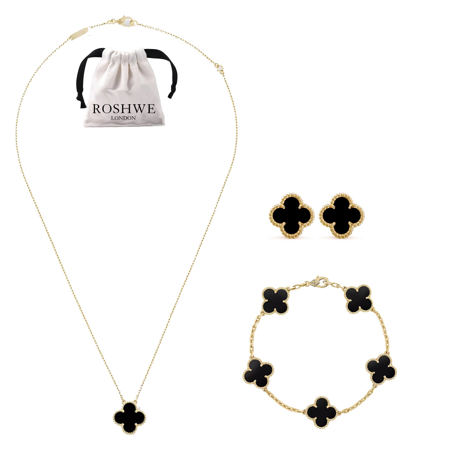 ROSHWE LONDON Black Clover Necklace Bracelets Earrings Set 925 Silver 18k Gold Plated