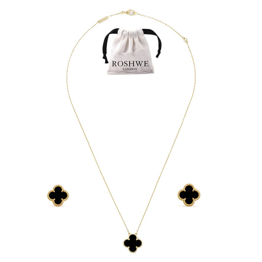 ROSHWE LONDON Black Clover Necklace Earrings Set 925 Silver 18k Gold Plated