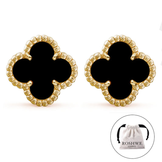 ROSHWE LONDON Black Clover Stud Earrings 925 Silver 18k Gold Plated