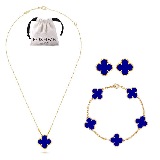 ROSHWE LONDON Blue Clover Necklace Earrings Bracelet Set 925 Silver 18k Gold Plated