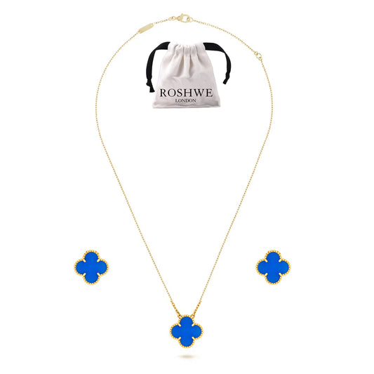 ROSHWE LONDON Blue Clover Necklace Earrings Set 925 Silver 18k Gold Plated