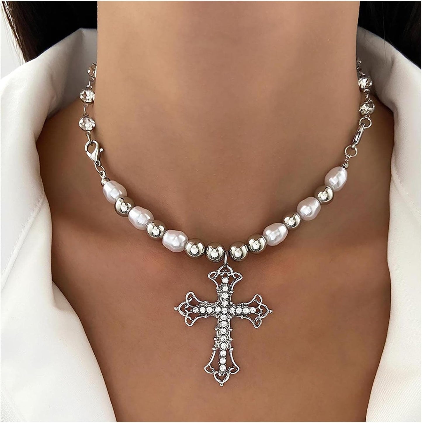 Pearl Cross Pendant Stainless Steel Beaded Choker Necklace