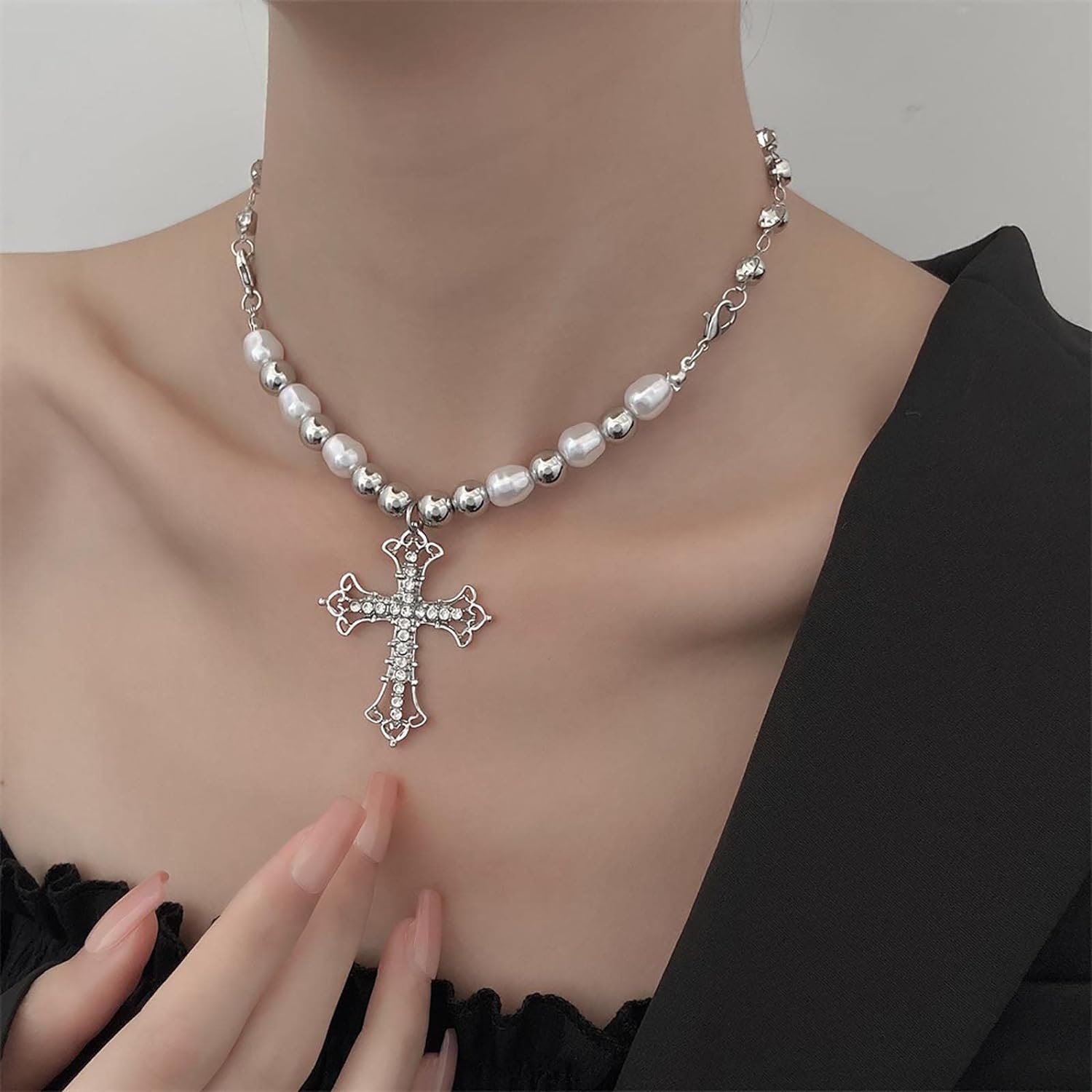 Pearl Cross Pendant Stainless Steel Beaded Choker Necklace