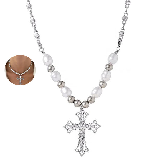 Pearl Cross Pendant Stainless Steel Beaded Choker Necklace
