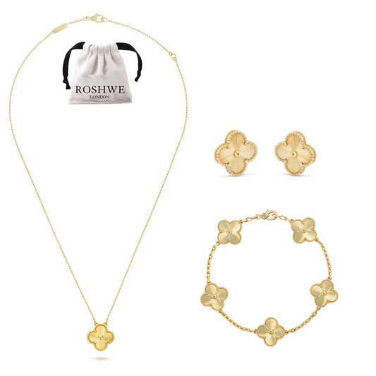 ROSHWE LONDON Gold Clover Necklace Earrings Bracelets Set 925 Silver 18k Gold Plated
