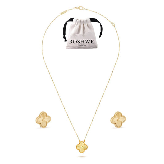 ROSHWE LONDON Gold Clover Necklace Earrings Set 925 Silver 18k Gold Plated