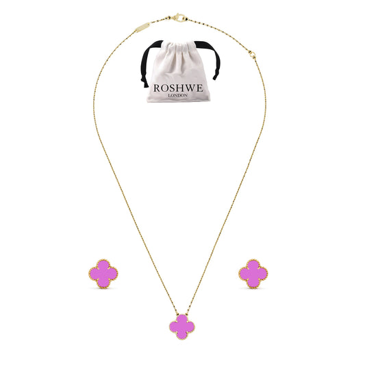 ROSHWE LONDON Purple Clover Necklace Earrings Set 925 Silver 18k Gold Plated