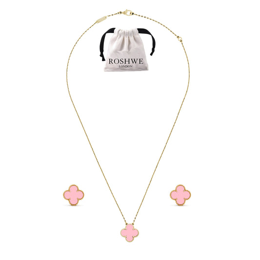 ROSHWE LONDON Pink Clover Necklace Earrings Set 925 Silver 18k Gold Plated