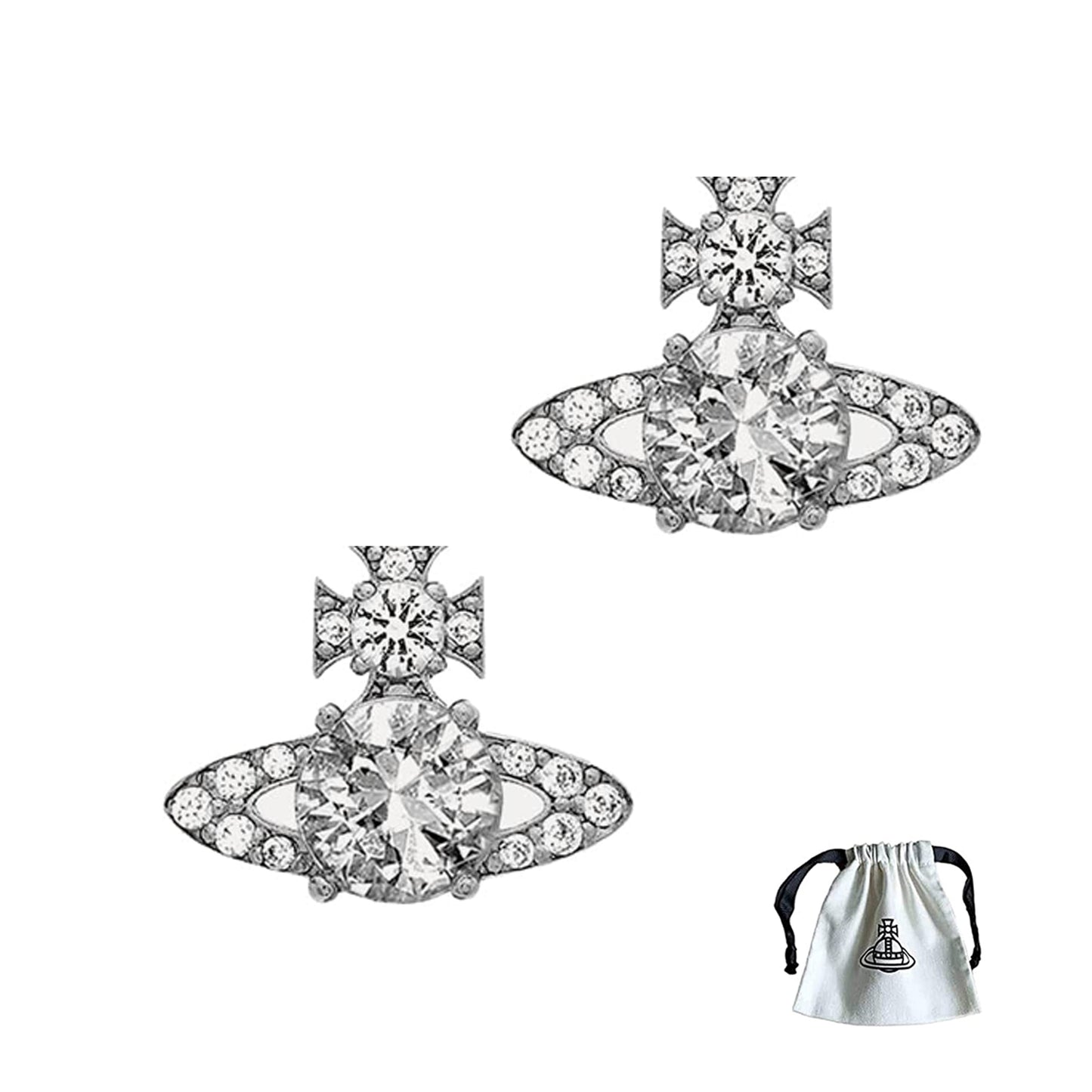 Mini Bas Planet Orb Stainless Crystal Rhinestone Silver Earrings