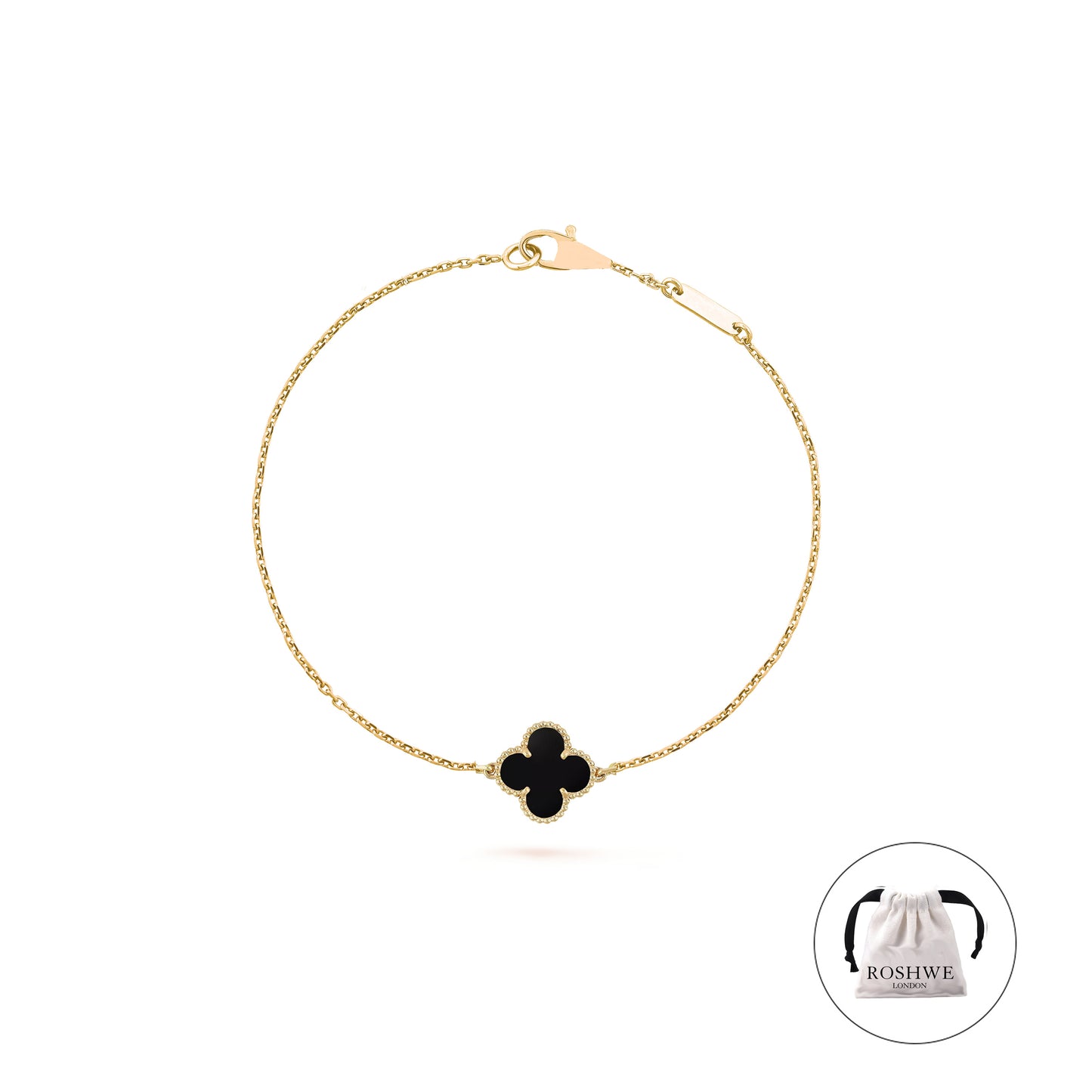 ROSHWE LONDON Black Single Clover Four Leaf Bracelet 925 Silver 18k Gold Plated