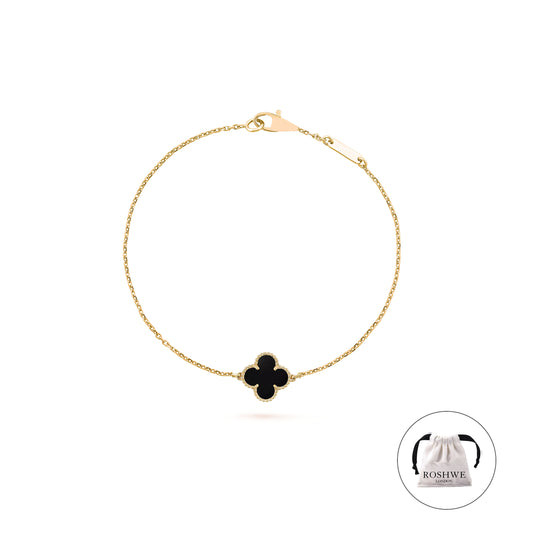 ROSHWE LONDON Black Single Clover Four Leaf Bracelet 925 Silver 18k Gold Plated