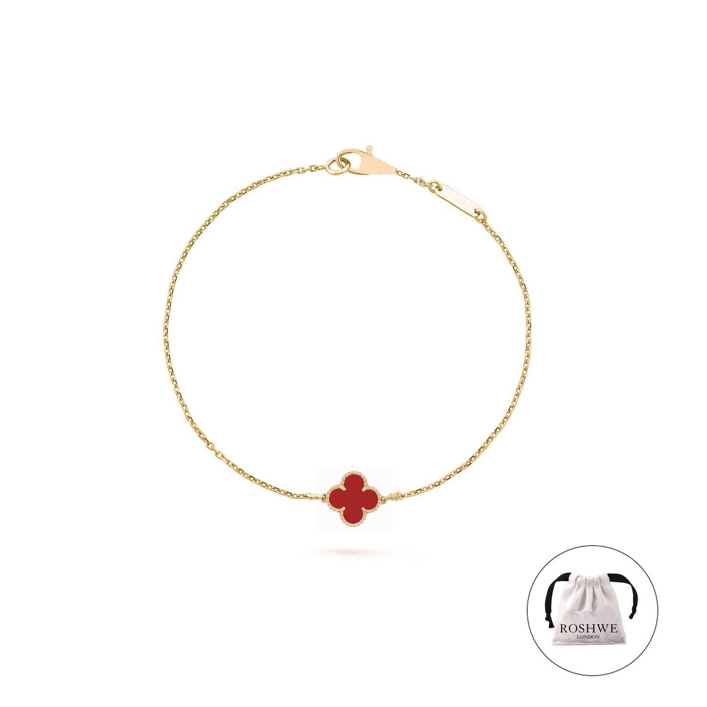 ROSHWE LONDON Dark Red Single Clover Four Leaf Bracelet 925 Silver 18k Gold Plated