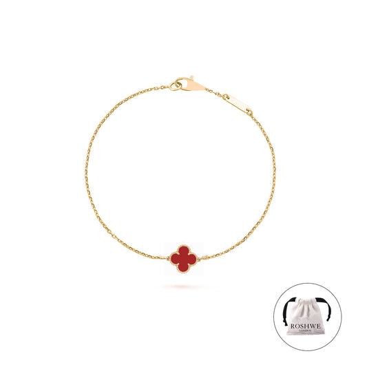 ROSHWE LONDON Dark Red Single Clover Four Leaf Bracelet 925 Silver 18k Gold Plated