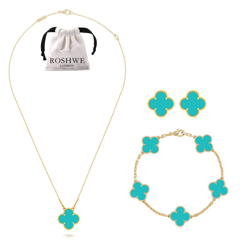ROSHWE LONDON Turquoise Green Clover Necklace Earrings Bracelet Set 925 Silver 18k Gold Plated