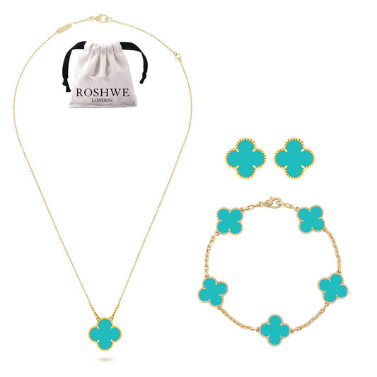 ROSHWE LONDON Turquoise Green Clover Necklace Earrings Bracelet Set 925 Silver 18k Gold Plated