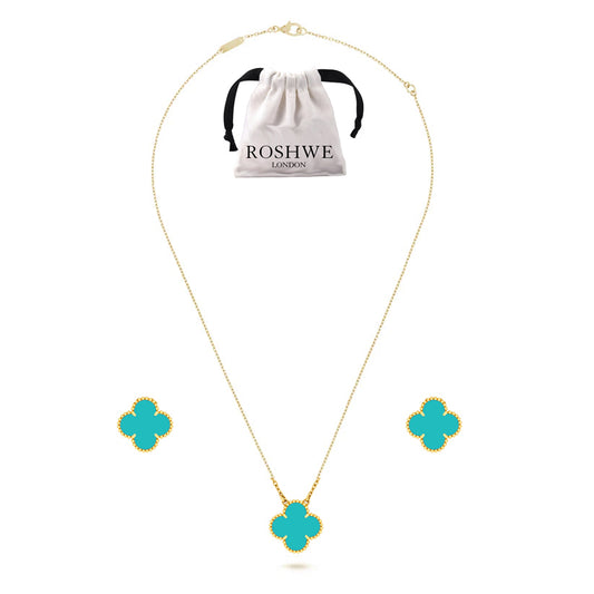 ROSHWE LONDON Turquoise Green Clover Necklace Earrings Set 925 Silver 18k Gold Plated