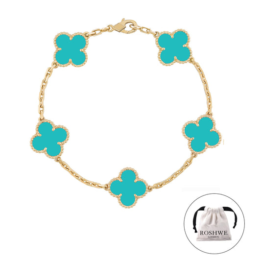 ROSHWE LONDON Turquoise Green Clover Bracelet 925 Silver 18k Gold Plated