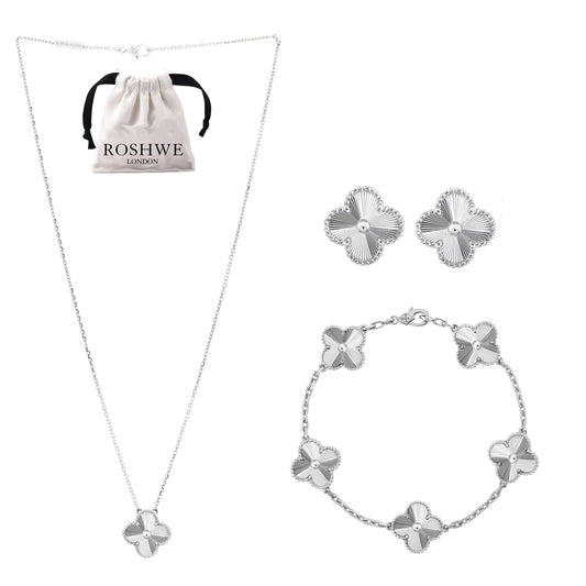 ROSHWE LONDON Silver Clover Necklace Earrings Bracelet Set 925 Silver 18k Gold Plated