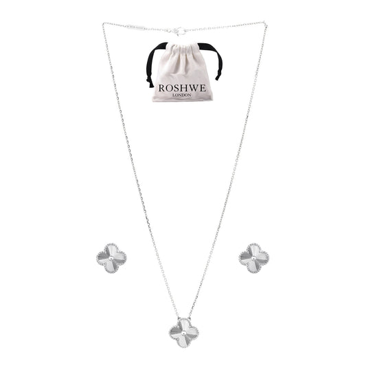 ROSHWE LONDON Silver Clover Necklace Earrings Set 925 Silver 18k Gold Plated