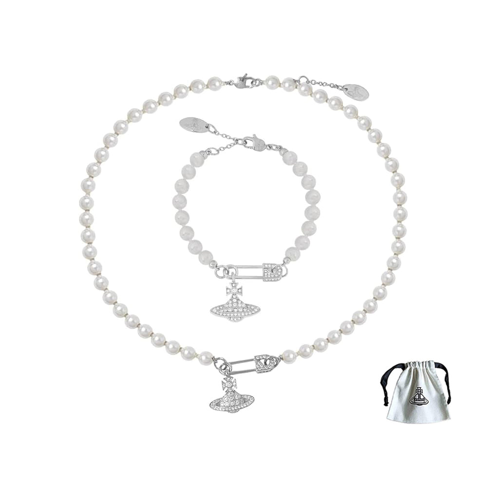 Lucrece Pearl Choker Planet Orb Safety Pin Necklace Bracelet Set