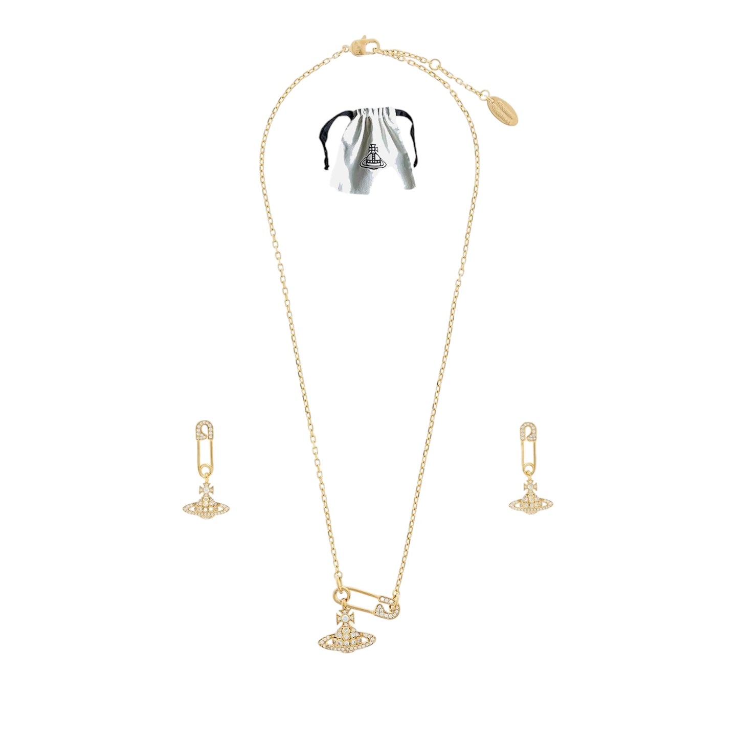 Stainess Lucrece Safety Pin Planet Orb Necklace Earrings Set