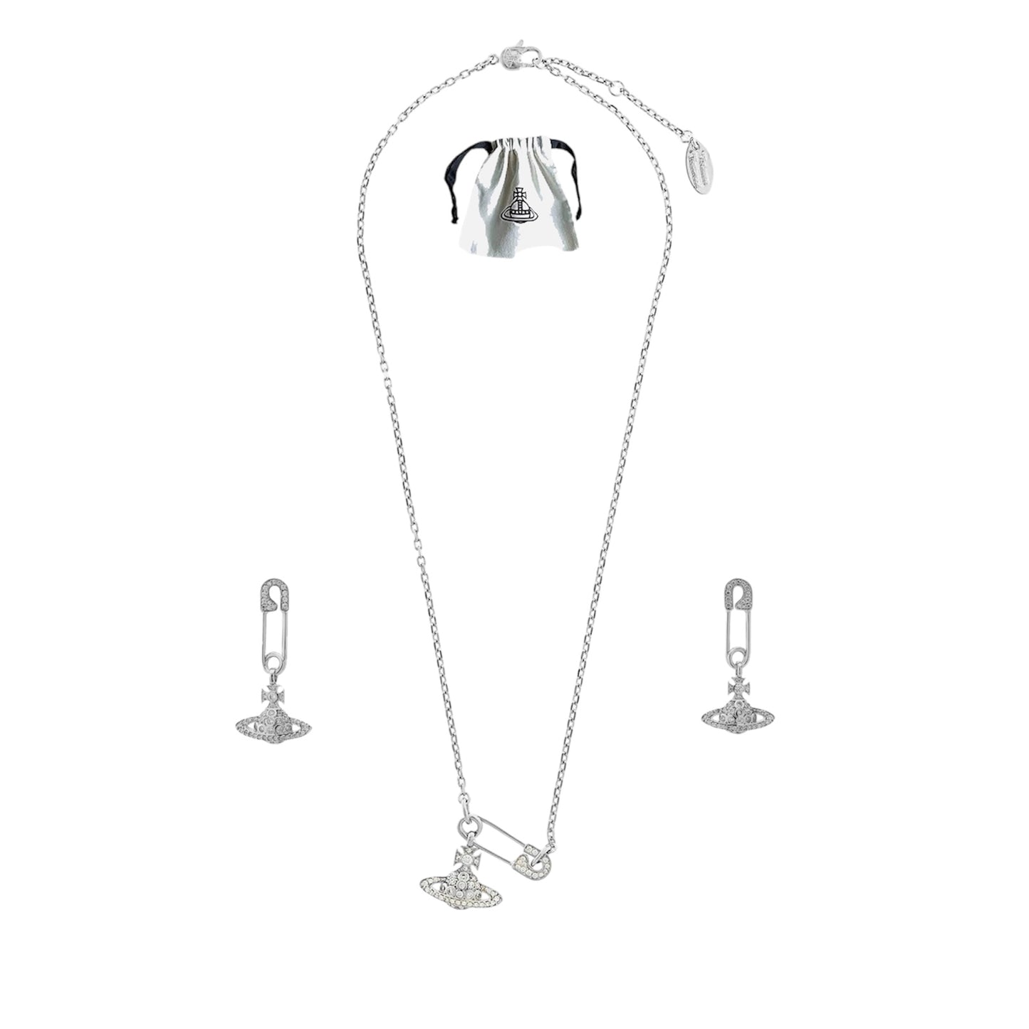 Stainless Lucrece Safety Pin Planet Orb Necklace Earrings Set