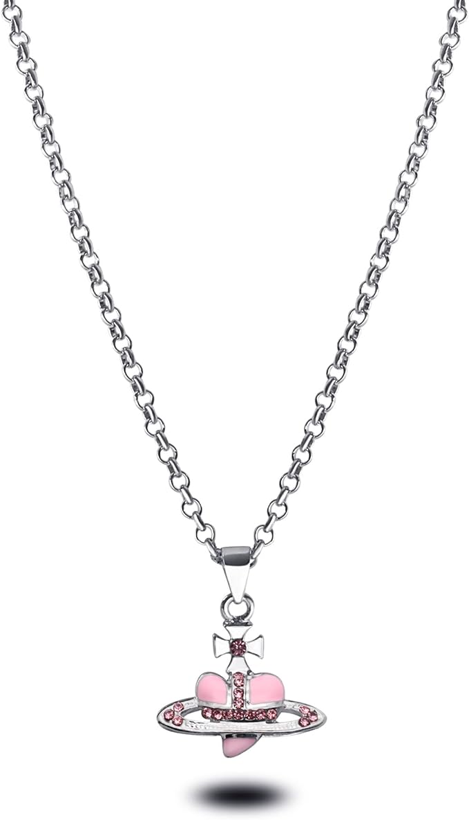 Saturn Planet Stainless Steel Necklace Love Heart Saturn Planet Pendant Choker Necklace